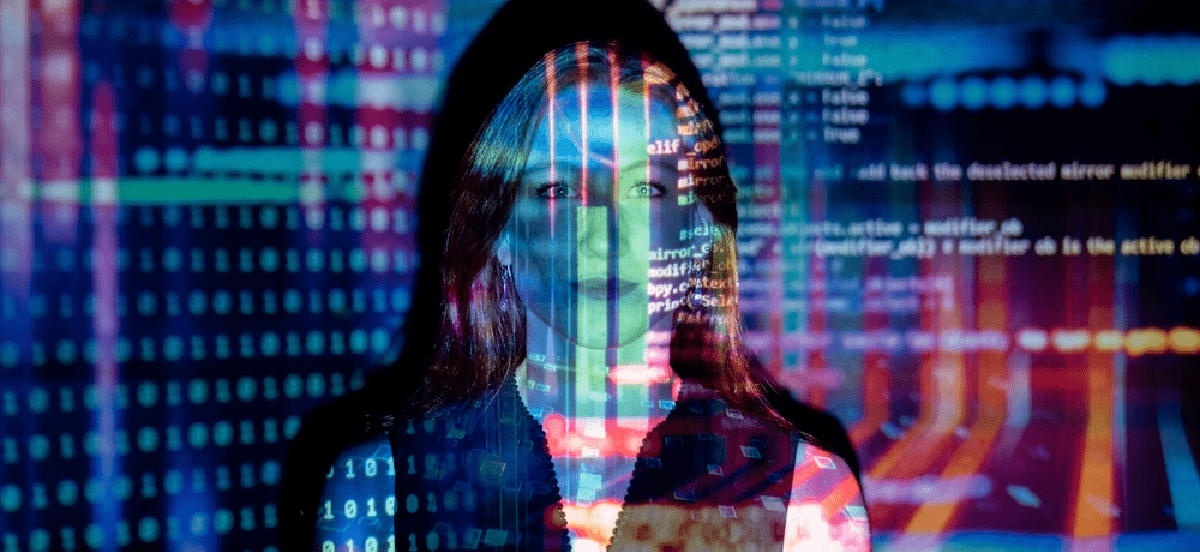 Woman against a graphic background