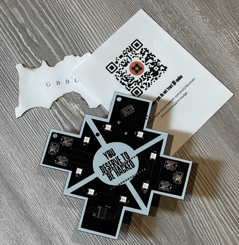 The image displays a close-up view of a black badge with the "CovertSwarm" logo