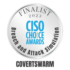 A circular badge with a silver background, labeled 'FINALIST 2023' at the top, with 'CISO Choice Awards' in large blue text in the center.
