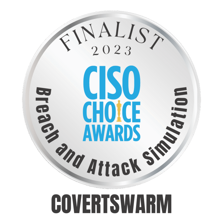 A circular badge with a silver background, labeled 'FINALIST 2023' at the top, with 'CISO Choice Awards' in large blue text in the center.
