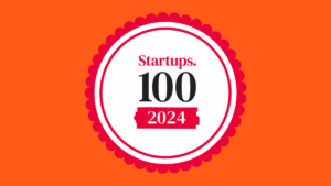 Scaled-down banner for CovertSwarm's feature in the Startups 100 Index, showcasing branding that emphasizes company achievements.