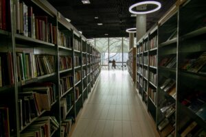 A narrow library aisle between towering bookshelves leading toward a distant lit window, evoking the public data an attack surface mapping exercise can turn into a path to private systems.
