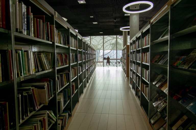 A narrow library aisle between towering bookshelves leading toward a distant lit window, evoking the public data an attack surface mapping exercise can turn into a path to private systems.