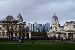 UK financial and banking cityscape in the distance